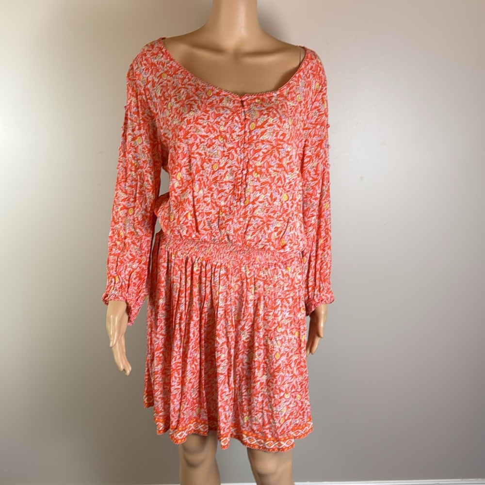 Poupette St. Barth Orange Printed Smocked Mini Dress Size L NWT